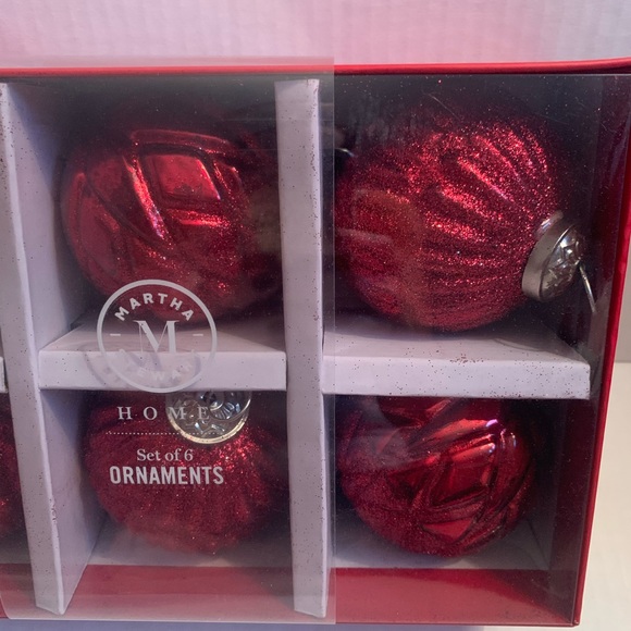 Martha Stewart Ornaments 6 Red Glitter Glass Embellished Christmas Ornaments - Picture 3 of 5